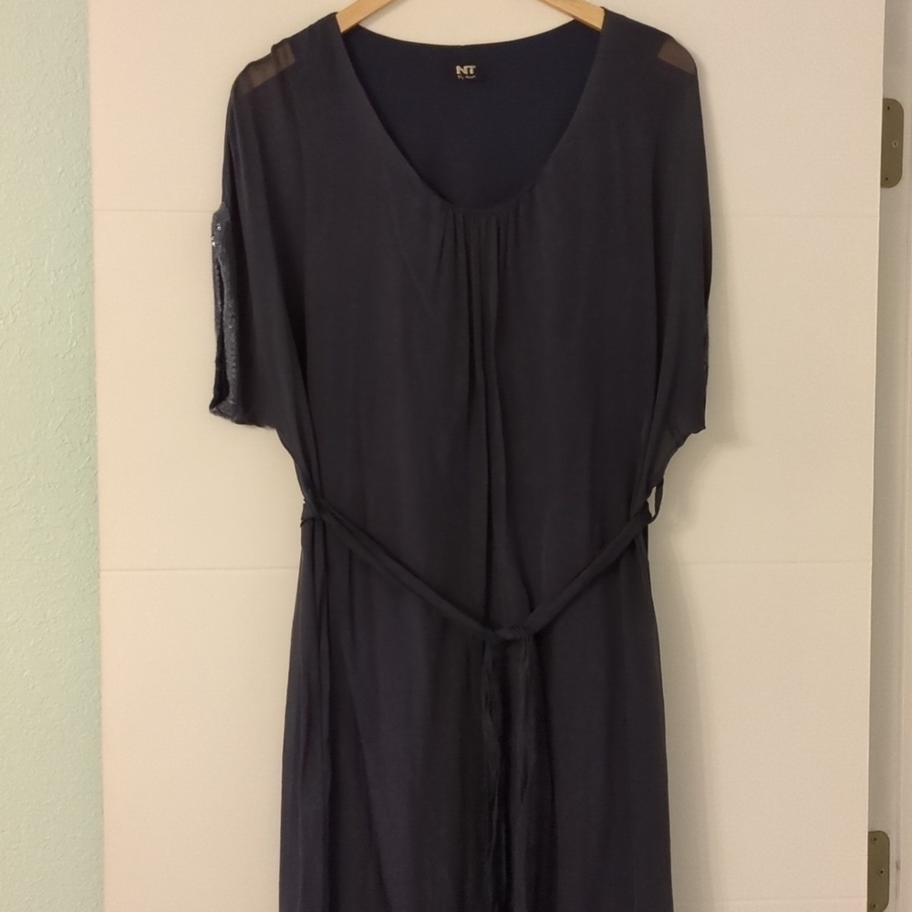 Made in Italy maxi lightweight navy sheer with sequin sleeves tie waist dress